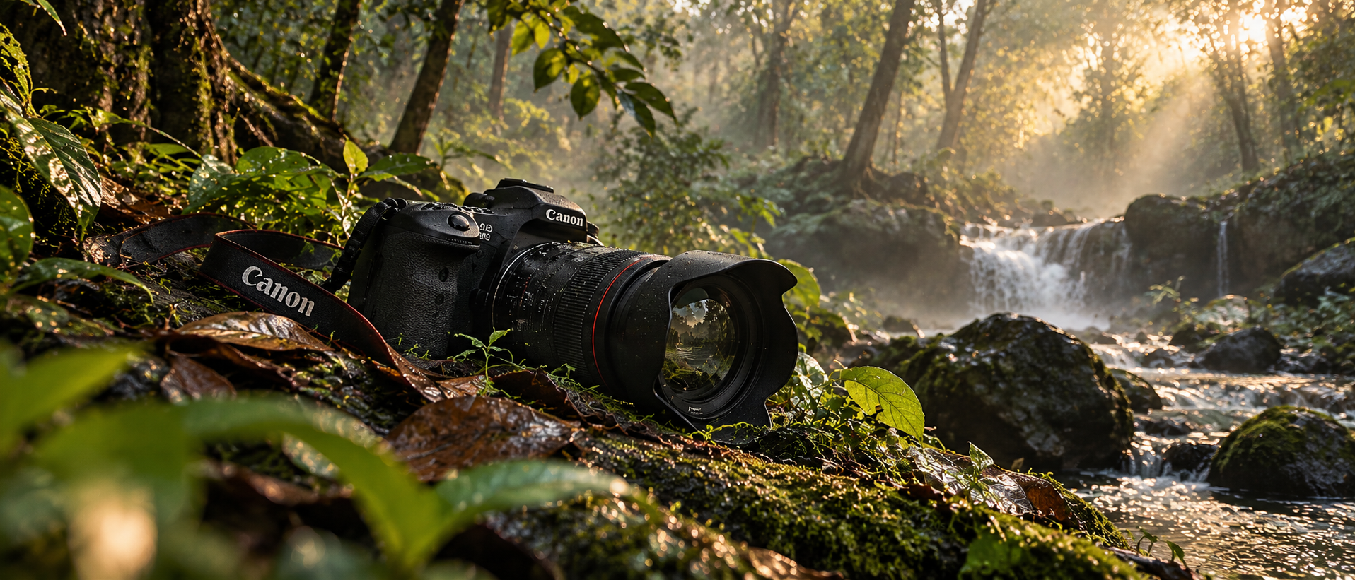 Canon DSLR by a Misty Forest Cascade